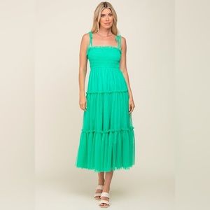 Green Smocked Tulle Maxi Dress